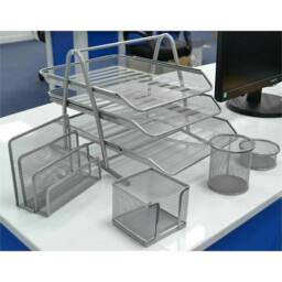 VOGREX Silver Mesh 5 Set Office Desk Organiser 3 Tier Paper Tray Pencil Cup - thumbnail 5