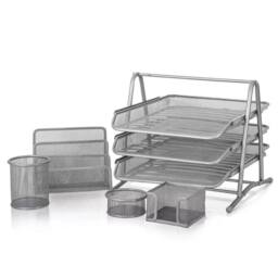 VOGREX Silver Mesh 5 Set Office Desk Organiser 3 Tier Paper Tray Pencil Cup - thumbnail 1