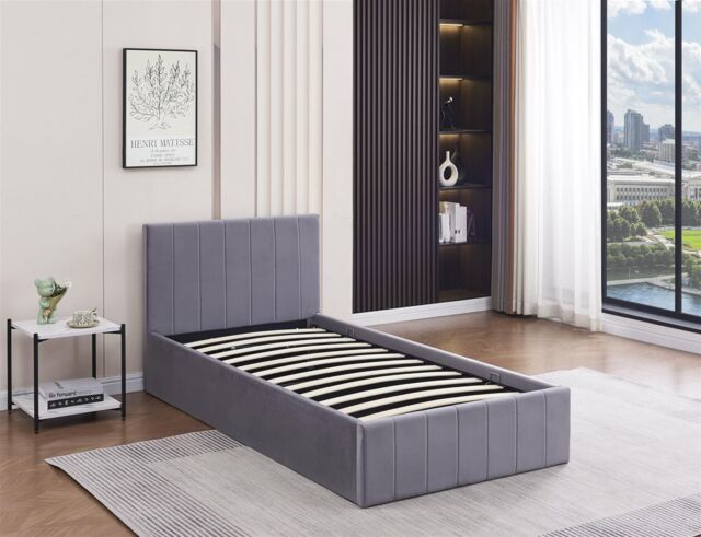 KOSY KOALA Ottoman Bed Gas Lift Storage Grey 3ft Single Line Pattern Velvet Pine Wood Bedroom - image 1