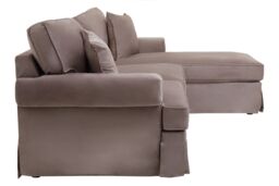 Orsina Three‑Seat Black Velvet Chaise Sofa, Black Velvet Upholstery with Wooden Base, Padded Key‑Style Arms in Brown - thumbnail 2