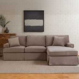 Orsina Three‑Seat Black Velvet Chaise Sofa, Black Velvet Upholstery with Wooden Base, Padded Key‑Style Arms in Brown - thumbnail 1