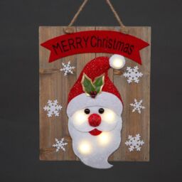 Shatchi Christmas Home Decoration Battery Operated Novelty Santa Wooden Frame Wall Decoration with 6 Small Warm White Bulbs in Red
