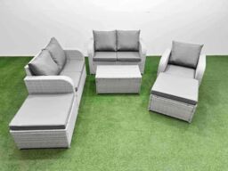 Fimous High Back Poly Rattan Garden Furniture Set w/ Reclining Chair Loveseat Sofa Rectangular Coffee Table Indoor Outdoor Patio Set 2 Big Stool - thumbnail 1