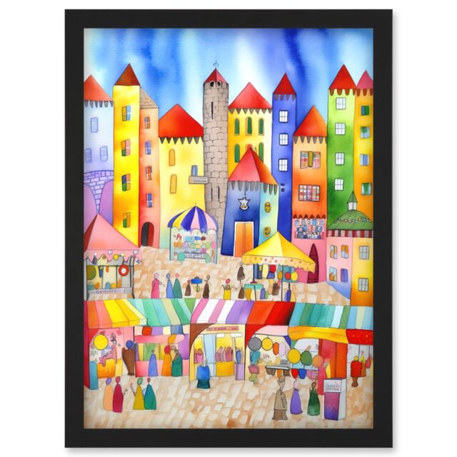 Artery8 Market Square Scene Folk Art Watercolour Painting Artwork Framed Wall Art Print A4 in Black - image 1