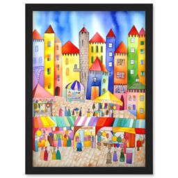 Artery8 Market Square Scene Folk Art Watercolour Painting Artwork Framed Wall Art Print A4 in Black - thumbnail 1