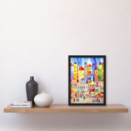 Artery8 Market Square Scene Folk Art Watercolour Painting Artwork Framed Wall Art Print A4 in Black - thumbnail 2