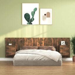 Berkfield Home Bed Headboard with Cabinets Smoked Oak Engineered Wood in Brown - thumbnail 1