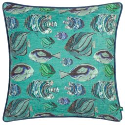 Wylder Tropics Abyss Fish Repeat Abstract Piped Cushion in Teal - Size: 43 cm x 43 cm