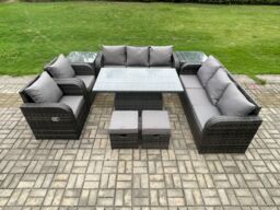 Fimous Rattan Outdoor Garden Furniture Sets Height Adjustable Rising lifting Dining Table Reclining Chair Sofa Set with 2 Side Tables in Dark Grey - thumbnail 1