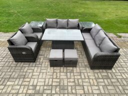 Fimous Rattan Outdoor Garden Furniture Sets Height Adjustable Rising lifting Dining Table Reclining Chair Sofa Set with 2 Side Tables in Dark Grey - thumbnail 2