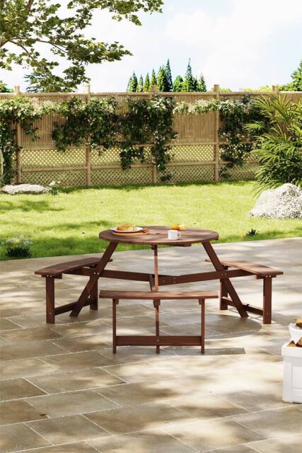 Living and Home 6-Person Round Wood Picnic Table and Bench Set in Brown - image 1