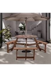 Living and Home 6-Person Round Wood Picnic Table and Bench Set in Brown - thumbnail 3