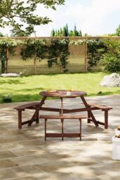 Living and Home 6-Person Round Wood Picnic Table and Bench Set in Brown
