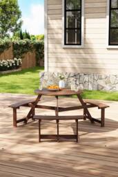 Living and Home 6-Person Round Wood Picnic Table and Bench Set in Brown - thumbnail 2