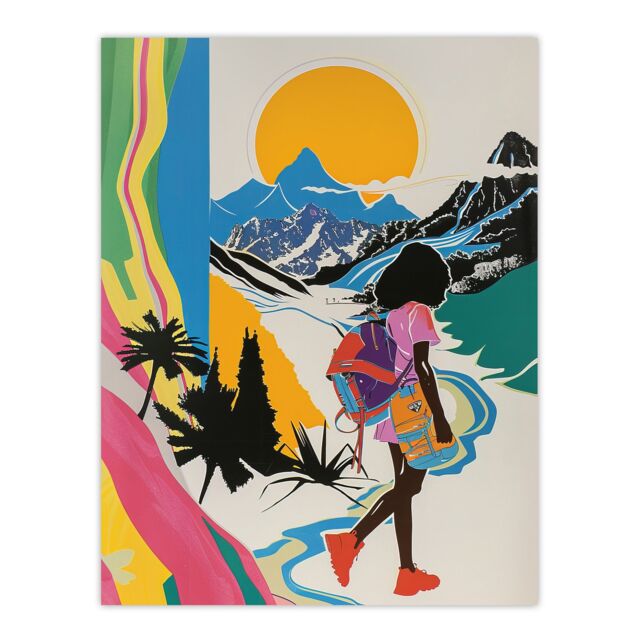"Artery8 Hiker Bright Sun Mountains Abstract Colourful Wall Art Print - Size: W24"" x H32""" - image 1