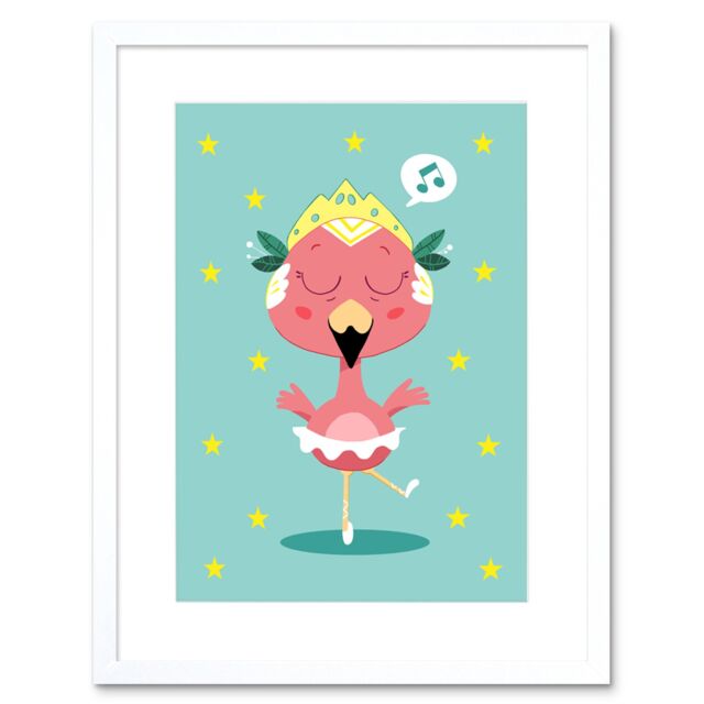 "Artery8 Wall Art Print Kawaii Flamingo Ballet Art Framed 9x7 inch in White - Size: W7"" x H9""" - image 1