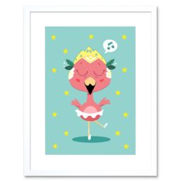 "Artery8 Wall Art Print Kawaii Flamingo Ballet Art Framed 9x7 inch in White - Size: W7"" x H9""" - thumbnail 1