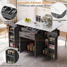 Merax Rolling Kitchen Island Trolley with Foldable Worktop, Kitchen Cart in Grey - thumbnail 5