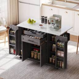 Merax Rolling Kitchen Island Trolley with Foldable Worktop, Kitchen Cart in Grey - thumbnail 2