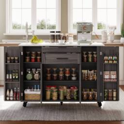 Merax Rolling Kitchen Island Trolley with Foldable Worktop, Kitchen Cart in Grey - thumbnail 1