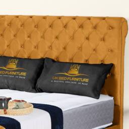 UK Bed Furniture Chesterfield Sleigh Ottoman Gas Lift Upholstered Bed 48 Inch Headboard in Mustard - Size: King - thumbnail 2