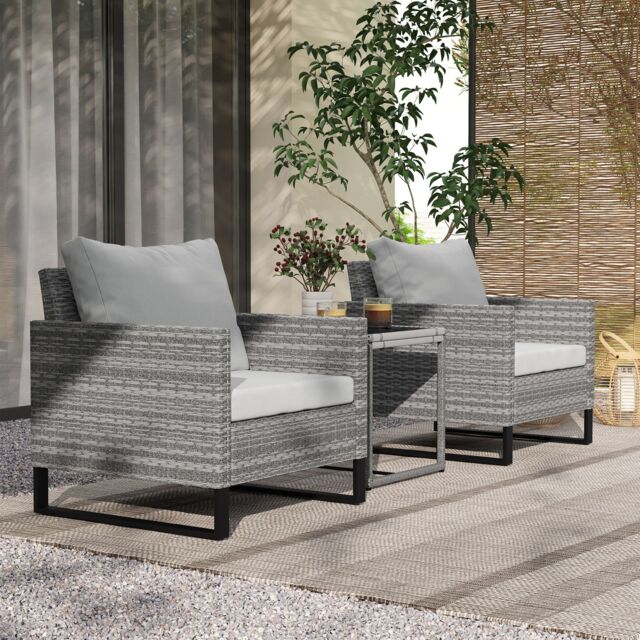 OUTSUNNY 3PCS Rattan Bistro Set Glass Top Table & Chairs with 4 Cushions in Light Grey - image 1