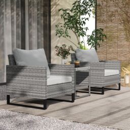 OUTSUNNY 3PCS Rattan Bistro Set Glass Top Table & Chairs with 4 Cushions in Light Grey - thumbnail 1
