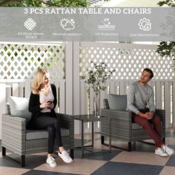 OUTSUNNY 3PCS Rattan Bistro Set Glass Top Table & Chairs with 4 Cushions in Light Grey - thumbnail 4