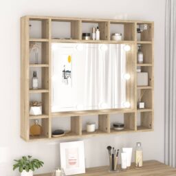 Berkfield Home Mirror Cabinet with LED Sonoma Oak 91x15x76.5 cm in Brown - thumbnail 1