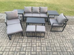 Fimous Aluminium 9 Pieces Garden Furniture Sofa Set with Cushions 8 Seater Outdoor Patio Set with 2 Armchair 3 Footstools Side Table in Dark Grey - thumbnail 2