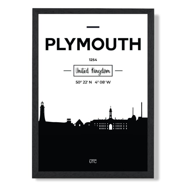 ARTZE Plymouth Black & White City Skyline Framed Print SIZE: A4 with Black Frame - image 1