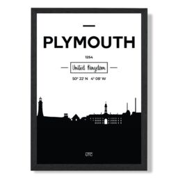 ARTZE Plymouth Black & White City Skyline Framed Print SIZE: A4 with Black Frame - thumbnail 1