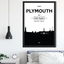 ARTZE Plymouth Black & White City Skyline Framed Print SIZE: A4 with Black Frame - thumbnail 2
