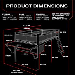 X Rocker Sanctum Mid Sleeper Bunk Bed with Gaming Desk & Underbed Space in Black - Size: Single - thumbnail 7
