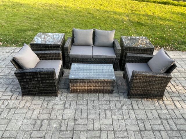 Fimous Outdoor Lounge Sofa Set PE Rattan Garden Furniture Set with Coffee Table Double Seat Sofa in Dark Grey