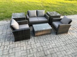 Fimous Outdoor Lounge Sofa Set PE Rattan Garden Furniture Set with Coffee Table Double Seat Sofa in Dark Grey - thumbnail 2