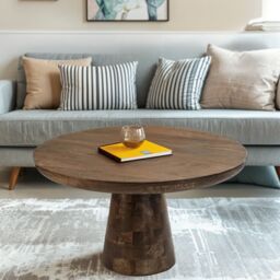 IH Design Natural Solid Dark Mango Wood Round Coffee Table in Brown - thumbnail 4
