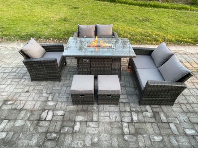 Fimous 7 Seater Rattan Outdoor Garden Furniture Gas Fire Pit Table Sets Gas Heater with Love Sofa Armchair 2 Small Footstools in Dark Grey