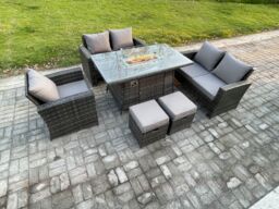 Fimous 7 Seater Rattan Outdoor Garden Furniture Gas Fire Pit Table Sets Gas Heater with Love Sofa Armchair 2 Small Footstools in Dark Grey - thumbnail 2