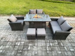 Fimous 7 Seater Rattan Outdoor Garden Furniture Gas Fire Pit Table Sets Gas Heater with Love Sofa Armchair 2 Small Footstools in Dark Grey - thumbnail 1