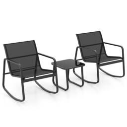 Costway 3 Piece Patio Rocking Set 2 Rocking Bistro Chairs & Glass-Top Table Furniture in Black - thumbnail 5