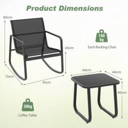 Costway 3 Piece Patio Rocking Set 2 Rocking Bistro Chairs & Glass-Top Table Furniture in Black - thumbnail 2