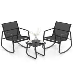Costway 3 Piece Patio Rocking Set 2 Rocking Bistro Chairs & Glass-Top Table Furniture in Black - thumbnail 1