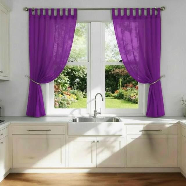 Luxury Living Voile Tab Top Curtain Pair with Crystal Tie Backs Sheer Window Panels in Purple - Size: 145 cm width x 122 cm drop - image 1