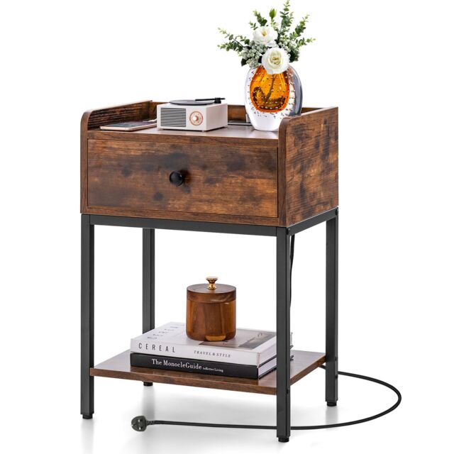 Gymax Industrial Bedside End Table Nightstand With Charging Station & Drawer in Brown - image 1