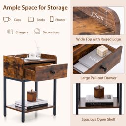 Gymax Industrial Bedside End Table Nightstand With Charging Station & Drawer in Brown - thumbnail 4