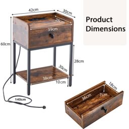 Gymax Industrial Bedside End Table Nightstand With Charging Station & Drawer in Brown - thumbnail 5