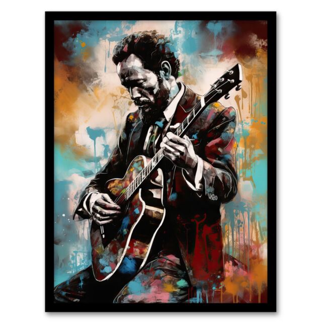 Artery8 Wall Art Print Country Music Colourful Oil Painting Musician Playing Guitar Portrait Art Framed - Size: A4 - image 1