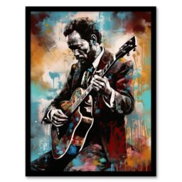 Artery8 Wall Art Print Country Music Colourful Oil Painting Musician Playing Guitar Portrait Art Framed - Size: A4 - thumbnail 1