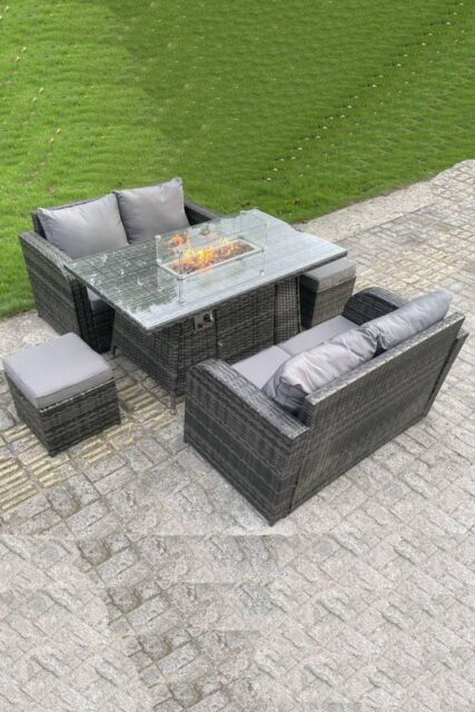 Fimous Garden Furniture Sofa Set Dining Table Gas Fire Pit Table 6 Seater in Dark Grey - image 1